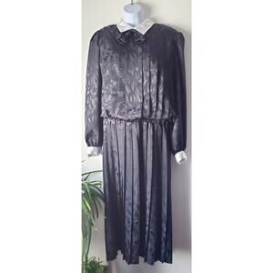 Vintage In The Mood Womens Black Pleated Long Sleeve Midi Dress Size 12 80s